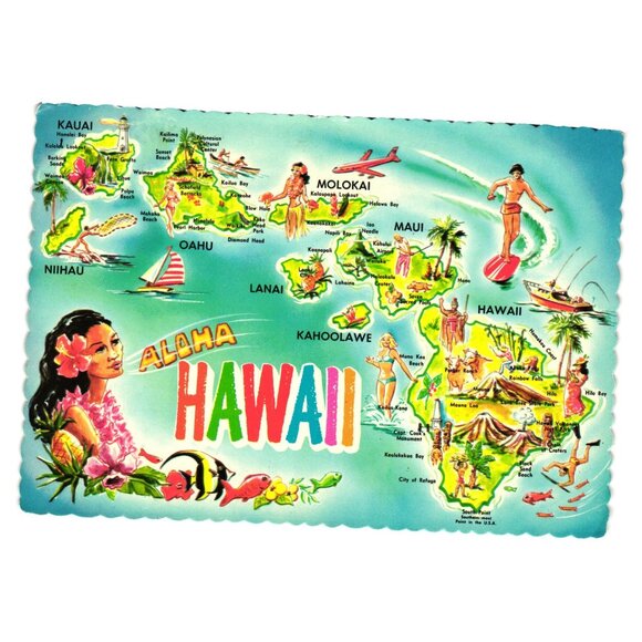 Aloha Hawaii Vintage Postcard Illustrated Map Hawaiian Islands Souvenir - Picture 1 of 2